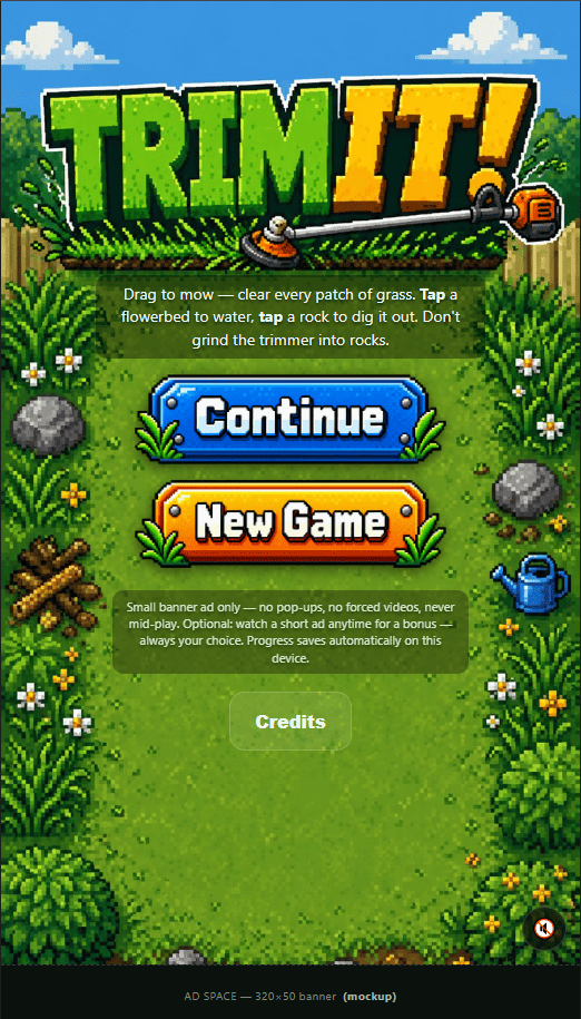 Trim It title screen with Continue and New Game