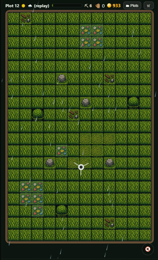 Plot 12 gameplay in the rain with flowers and rocks